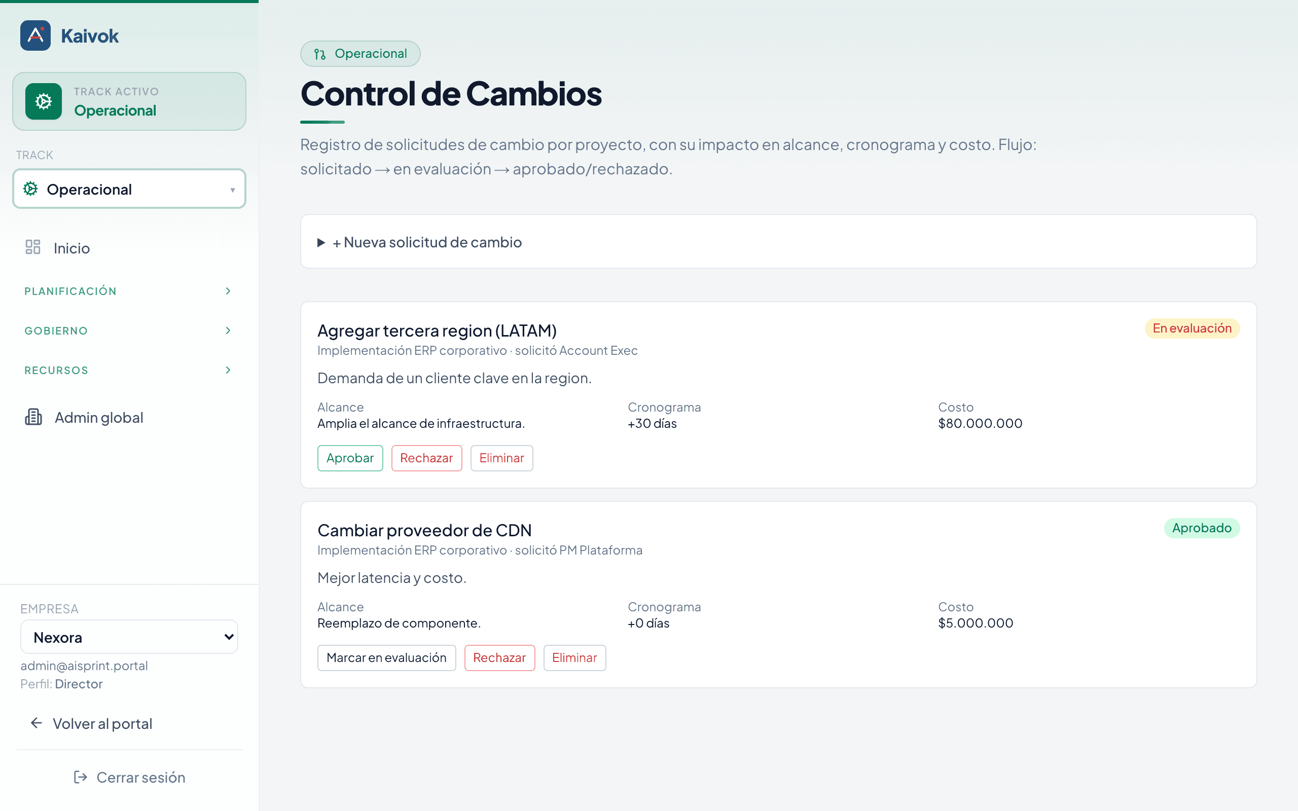 Captura del módulo Change Requests — workflow de cambios en el cockpit Kaivok