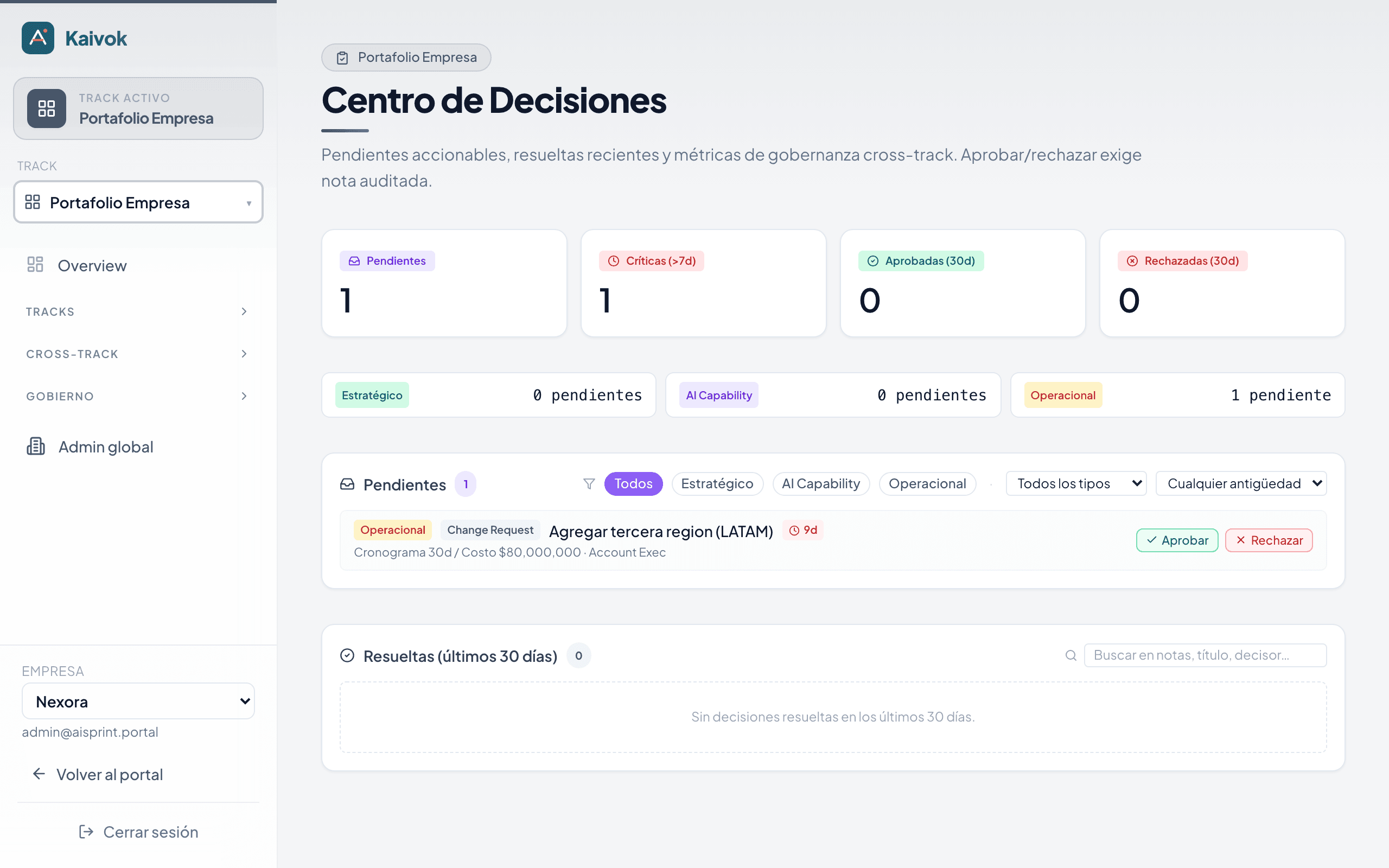Captura del módulo Governance — decisión de Directorio auditada en el cockpit Kaivok
